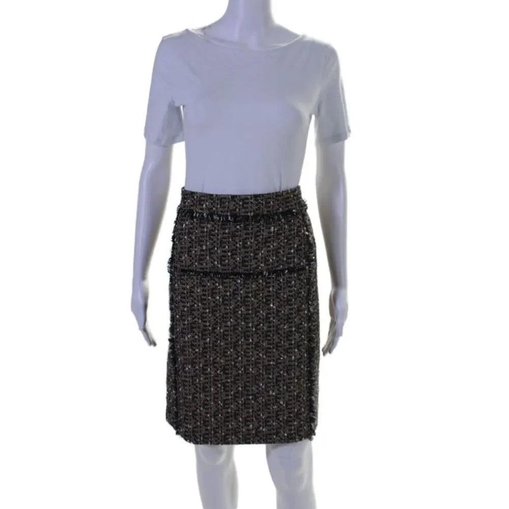 Tory Burch Womens Tweed Fringe Trim Knee Length Pencil Skirt Brown Size 10